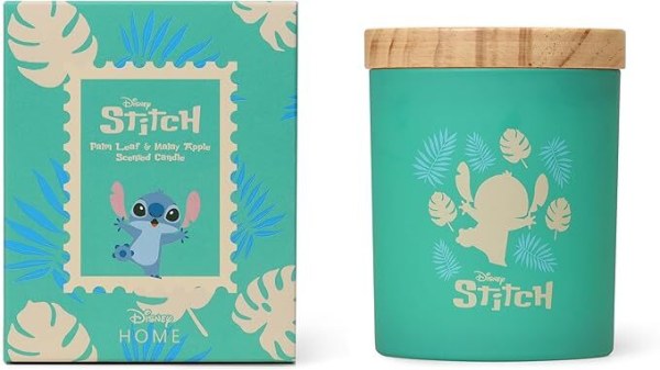Candela in legno Stitch con foglia di palma e mela malese - Disney Lilo & Stitch