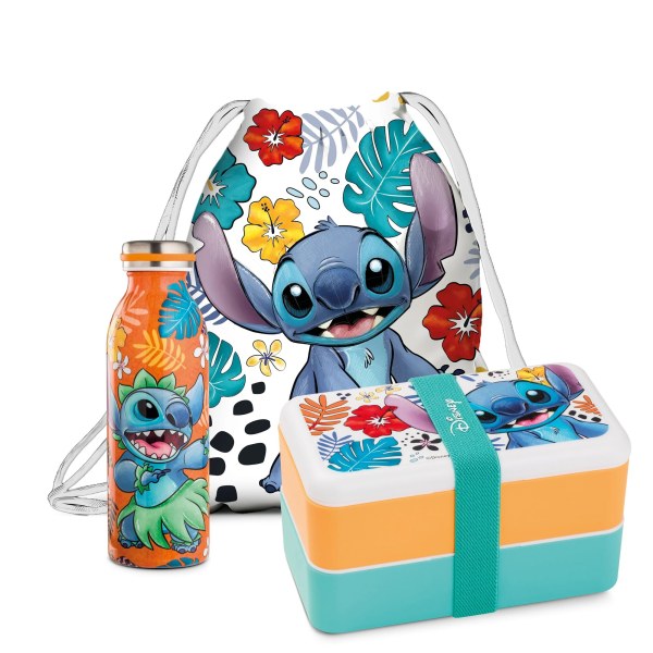 Set Bottiglia + Lunch Box + Sacchetto con Cordino Stitch - Disney